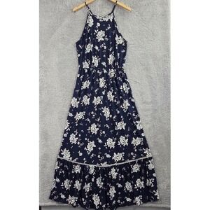 French Grey Women's Size Large Maxi Dress Blue Floral Halter Neck Sleeveless